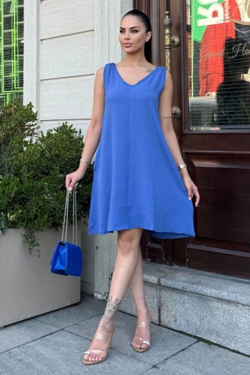 Kadın İndigo Kalın Askılı, Önü Ve Arkası V Yaka, Omzu Tokalı A Kesim, Airobin Salaş Elbise