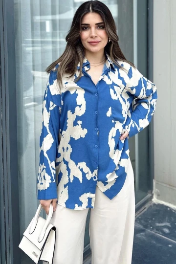 Kadın İndigo Uzun Kol, Arkası Pliseli, Salaş Dökümlü, Viskon Gömlek