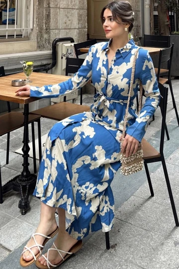 Kadın İndigo Uzun Kol, Kuşaklı, Yırtmaçlı, Uzun Viskon Gömlek Elbise (Dar Kalıp)