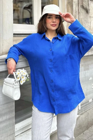 Kadın indigo Yarasa Kol, Cep Detaylı, Salaş Müslin Gömlek