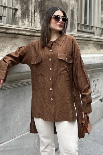 Kadın kahve Balon Kol, Pileli, Yırtmaçlı, Oversize, Keten Tunik Gömlek
