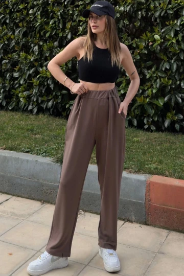 Kadın Kahve Beli Lastikli, Cepli, Paçası Pliseli, Salaş Pantolon