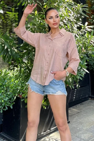 Kadın Kahve Truvakar Kol, Oval Kesim, Terletmez, Flamlı Keten Salaş Gömlek