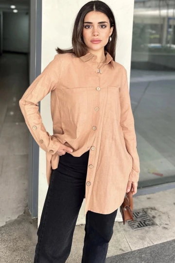 Kadın Kahve Uzun Kol, Ahşap Düğme Detaylı, Arkası Pliseli, Salaş Ve Uzun, Pamuklu Tunik Gömlek