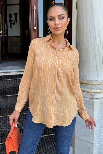 Kadın Karamel Çizgili Desenli, Uzun Kollu, Rahat Kesim, Dokulu Kumaş Gömlek