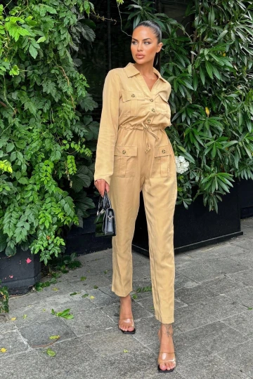 Kadın Karamel Uzun Kol, Gömlek Yaka, Cepli, Kemerli, Airobin Safari Tulum