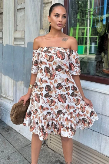 Kadın Kiremit Tropikal Yaprak Desenli, Omuzları Açık, Ruffle Etekli Yazlık Elbise