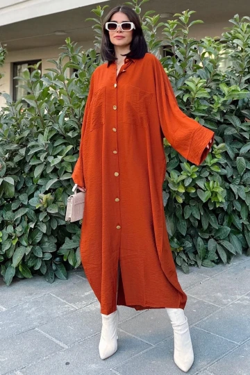 Kadın Kiremit Yarasa Kol, Arkası Pliseli, Çift Cepli, Uzun Oversize Salaş Gömlek Elbise