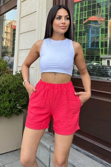 Kadın Kırmızı Beli Lastikli, Cepli, Duble Paça, Kısa Keten Şort