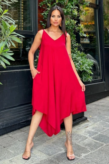 Kadın Kırmızı İp Askılı, Asimetrik Kesim, Dokulu Terletmez Kumaş, Salaş Tulum