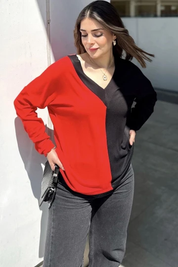 Kadın Kırmızı & Siyah Blok Renkli, V Yaka, Uzun Kollu, Pamuklu Salaş Bluz