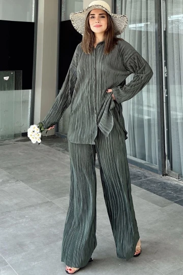 Kadın Koyu Yeşil Uzun Tunik Gömlek & Beli Lastikli, Bol Paça Pantolon - Salaş Bürümcük Takım