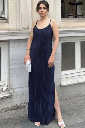 Kadın Laci İnce Askılı, V Yaka, Yırtmaç Detaylı, Uzun Pliseli Elbise