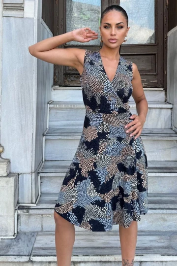 Kadın Lacivert Desenli, Dekolte Kruvaze Yaka, A Kesim, Kolsuz Midi Elbise