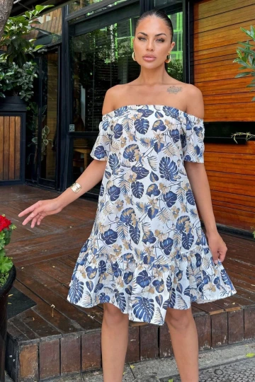 Kadın Lacivert Tropikal Yaprak Desenli, Omuzları Açık, Ruffle Etekli Yazlık Elbise