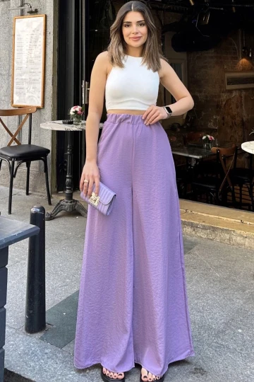 Kadın Lila Beli Lastikli, Cepli, Bol Paça Özel Kumaş, Rahat Kalıp Pantolon - Tesettüre Uygun