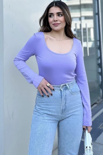 Kadın Lila Önü Ve Arkası Derin Dekolte Yaka, Regular Kesim, Terletmez, Pamuklu Penye Bluz
