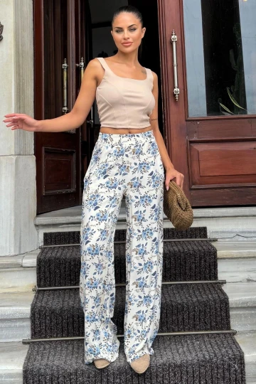 Kadın Mavi & Ekru Çiçek Desenli, Yüksek Bel, Geniş Paça, Rahat Kesim Pantolon