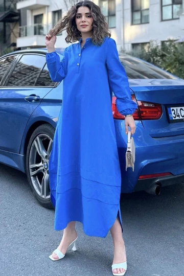 Kadın Mavi Hakim Yaka, Lastikli Balon Kol, Etek Ve Kolu Kat Kumaş Dikişli, Uzun Salaş Elbise