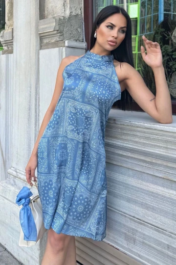 Kadın Mavi Halter Yaka, A Kesim, Etnik Desenli, Gizli Cepli, Salaş Saten Elbise