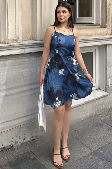 Kadın Mavi İnce Askılı, A Kesim, Gloplu Saten Kısa Abiye Elbise