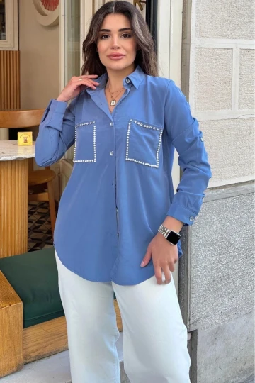 Kadın Mavi İnci Süslemeli, Çift Cep Detaylı, Arkası Pliseli, Terletmez, Kupra Kumaş, Salaş Gömlek