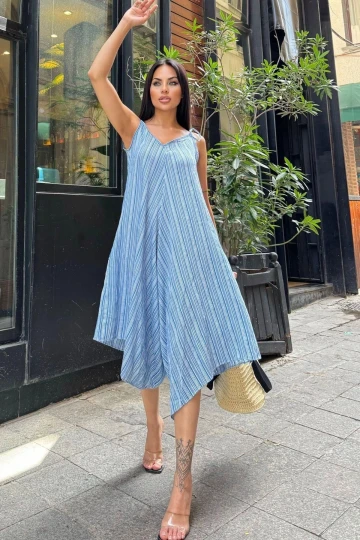 Kadın Mavi İp Askılı, Asimetrik Kesim, Dokulu Kumaş, Salaş Tulum