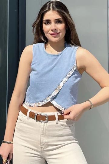 Kadın Mavi Önü Çapraz Katlı, Kolsuz, Yuvarlak Yaka, Crop Kot Bluz