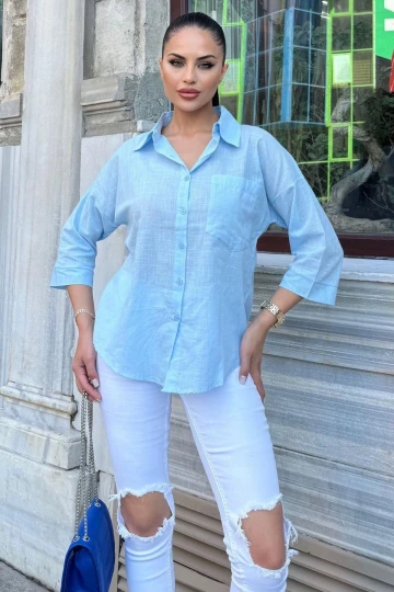 Kadın Mavi Truvakar Kol, Oval Kesim, Terletmez, Flamlı Keten Salaş Gömlek