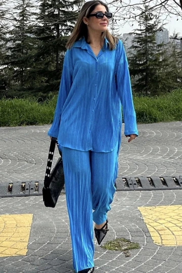Kadın Mavi Uzun Tunik Gömlek & Beli Lastikli, Bol Paça Pantolon - Salaş Bürümcük Takım