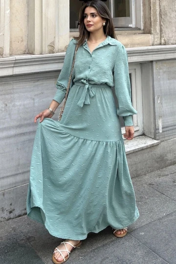Kadın Mint Dokulu Kumaş, Beli Kuşaklı, Balon Kol, A Kesim, Vintage Maksi Elbise - Tesettüre Uygun