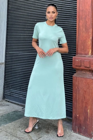 Kadın Mint Kısa Kol, Bisiklet Yaka, Omzu Düğmeli, Çift Yırtmaçlı, Basic Uzun Elbise