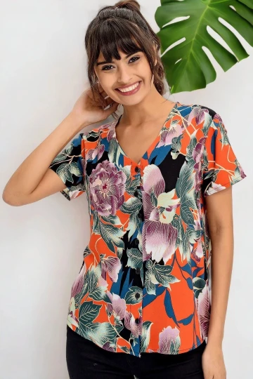 Kadın Mor Çiçek Desenli, Kısa Kol Gömlek (Düz Kesim, Standart Boy)