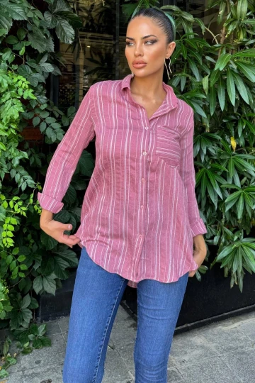 Kadın Pembe Çizgili Desenli, Uzun Kollu, Rahat Kesim, Dokulu Kumaş Gömlek