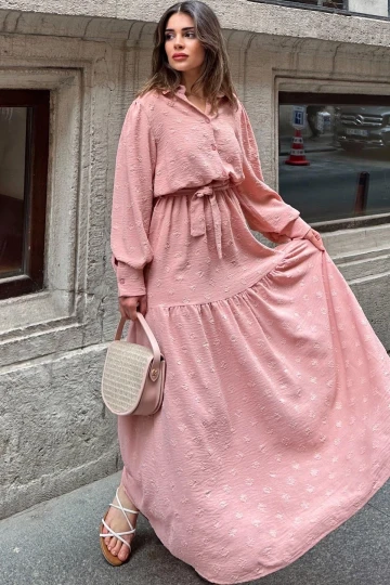 Kadın Pudra Dokulu Kumaş, Beli Kuşaklı, Balon Kol, A Kesim, Vintage Maksi Elbise - Tesettüre Uygun