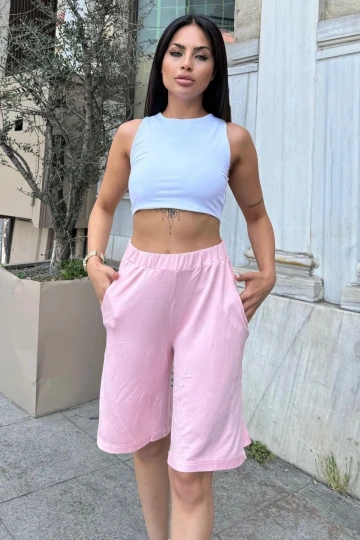 Kadın Pudra Duble Paça, Beli Lastikli Terletmez, Cepli, Salaş Kapri Şort