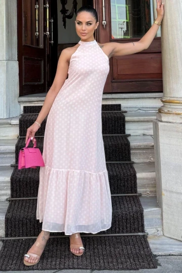 Kadın Pudra Halter Yaka, Sıfır Kol, Maksi Boy, Uzun Rahat, Şifon Elbise (Astarlı)