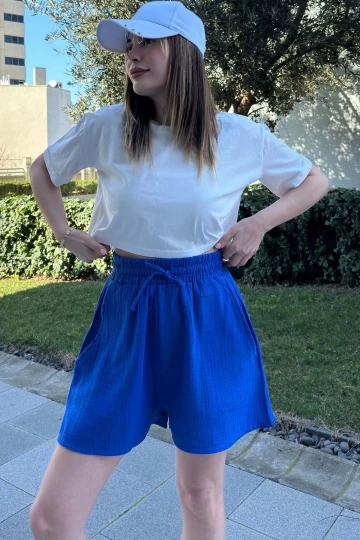 Kadın Saks Cepli, Bağcıklı, Beli Lastikli, Salaş Müslin Şort