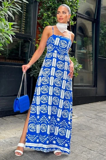 Kadın Saks İp Askılı, Straplez Yaka, Yırtmaçlı, Rahat A Kesim, Uzun Elbise