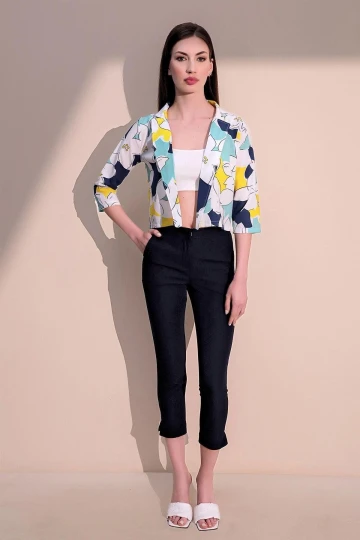 Kadın Sarı & Lacivert Şık Desenli Poplin Crop Ceket