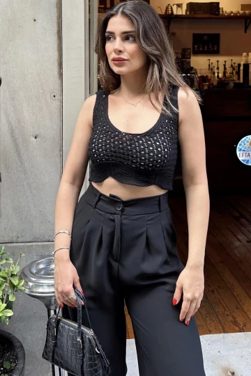 Kadın Siyah Ajurlu Merserize Triko Örme, Terletmez, Askılı Crop Bluz
