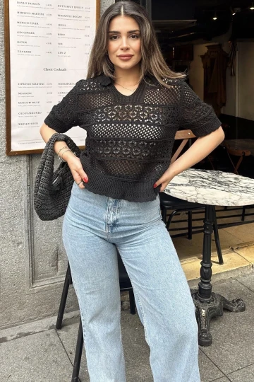 Kadın Siyah Ajurlu Merserize Triko Örme, Terletmez, Salaş Kalıp, Polo Yaka Bluz