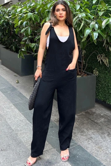 Kadın Siyah Bağlamalı Omuz Detayı, Terletmez, Pamuklu, İthal Müslin Kumaş, Askılı Salaş Tulum