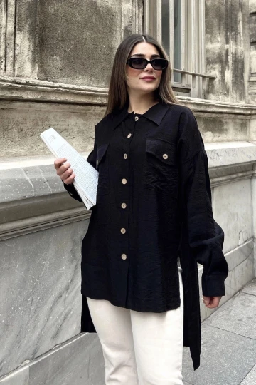 Kadın siyah Balon Kol, Pileli, Yırtmaçlı, Oversize, Keten Tunik Gömlek