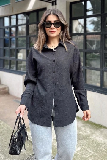 Kadın siyah Basic Model, Gofre Kumaş, Salaş Gömlek