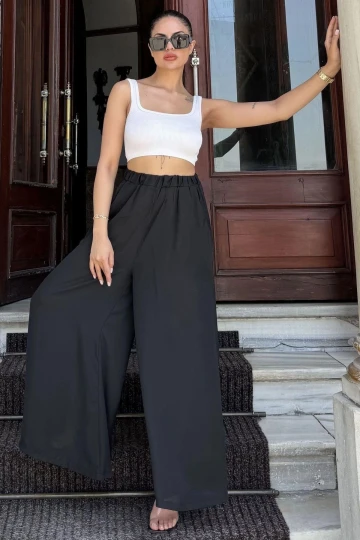 Kadın Siyah Beli Lastikli,Cepli, Bol Paça, Salaş Krep Pantolon - Tesettüre Uygun