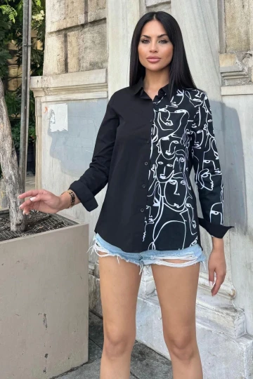 Kadın Siyah & Beyaz Desenli İki Renkli Uzun Kol Regular Kesim Standart Boy Gömlek