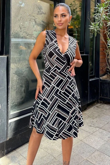 Kadın Siyah Desenli, Dekolte Kruvaze Yaka, A Kesim, Kolsuz Midi Elbise