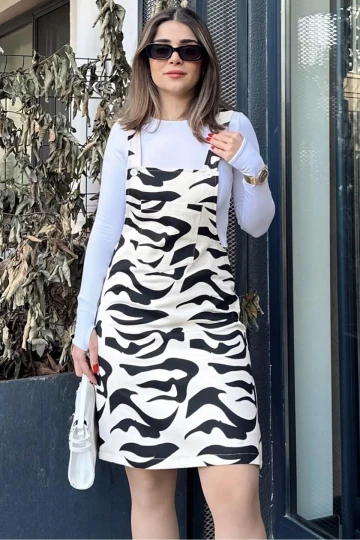 Kadın Siyah Desenli, Geniş Cepli, Kalın Askılı, Gabardin Salopet Elbise