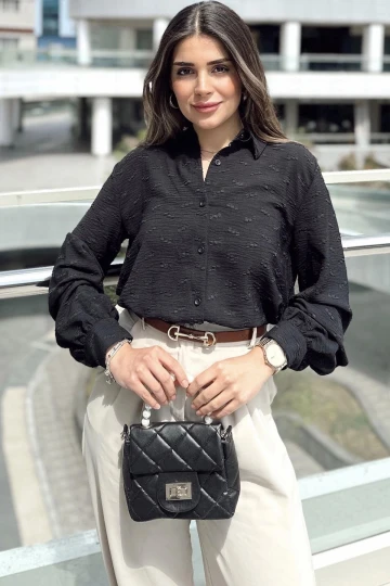 Kadın Siyah Dokulu Kumaş, Uzun, Balon Kollu, Rahat Kesim, Pamuklu Gömlek